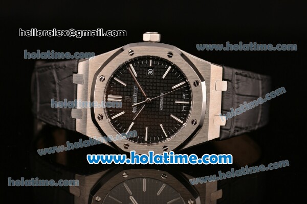 Audemars Piguet Royal Oak Swiss ETA 2824 Automatic Steel Case with Black Leather Strap Stick Markers and Black Dial ZF Best Edition - Click Image to Close